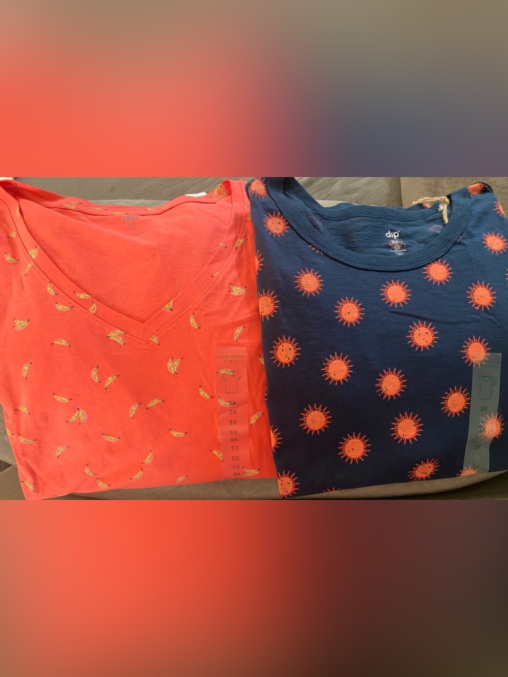 dip 3X Set Short Sleeve Tee Shirts in Coral & Navy with Banana and Sun Prints